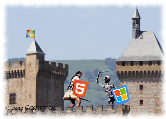 Fight on the wall of a dunjeon between a warrior with an HTML 5 shield against a skeleton holding a shield with Microsoft' logo.