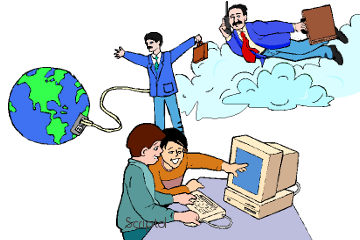 A man flying in the clouds, a second connected to the planet, and two teens on a computer, they symbolize the cloud