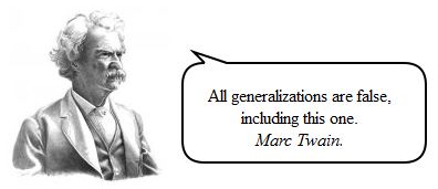 Mark Twain against generalization, quote in speech bubble.