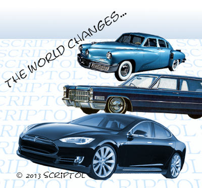 Evolution of Sedan cars: Tucker, Cadillac, Tesla to illustrate moving from PHP to JavaScript