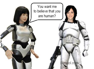 Chatbot robot speaking to a woman